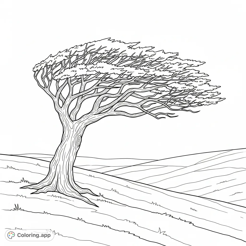 A serene windswept tree on a hillside, perfect for a peaceful coloring session. Capture nature's resilience with this free printable windswept tree coloring page.