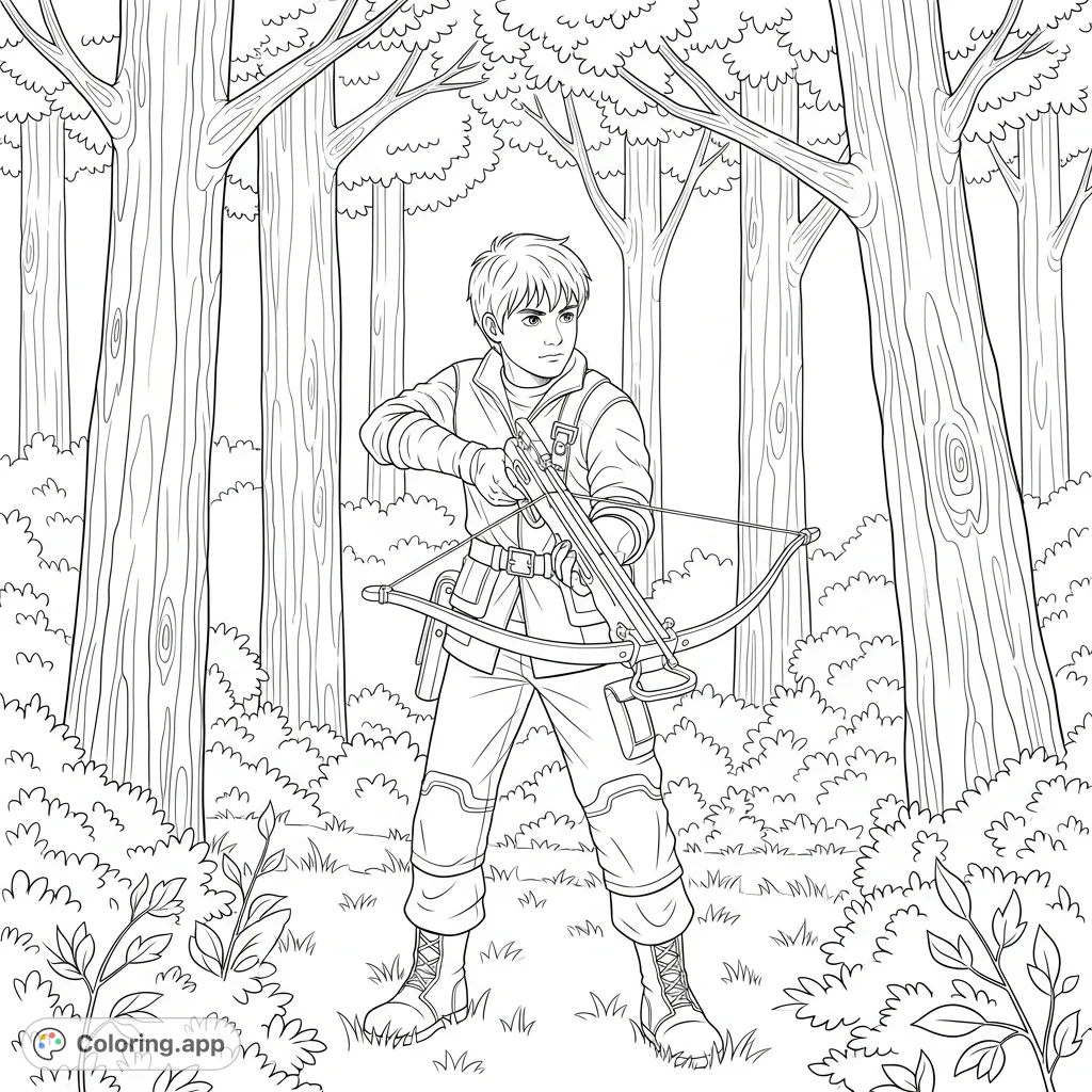 Explore the wilderness with a focused young hunter and his detailed crossbow amidst a dense forest. A thrilling adventure awaits your creative touch!