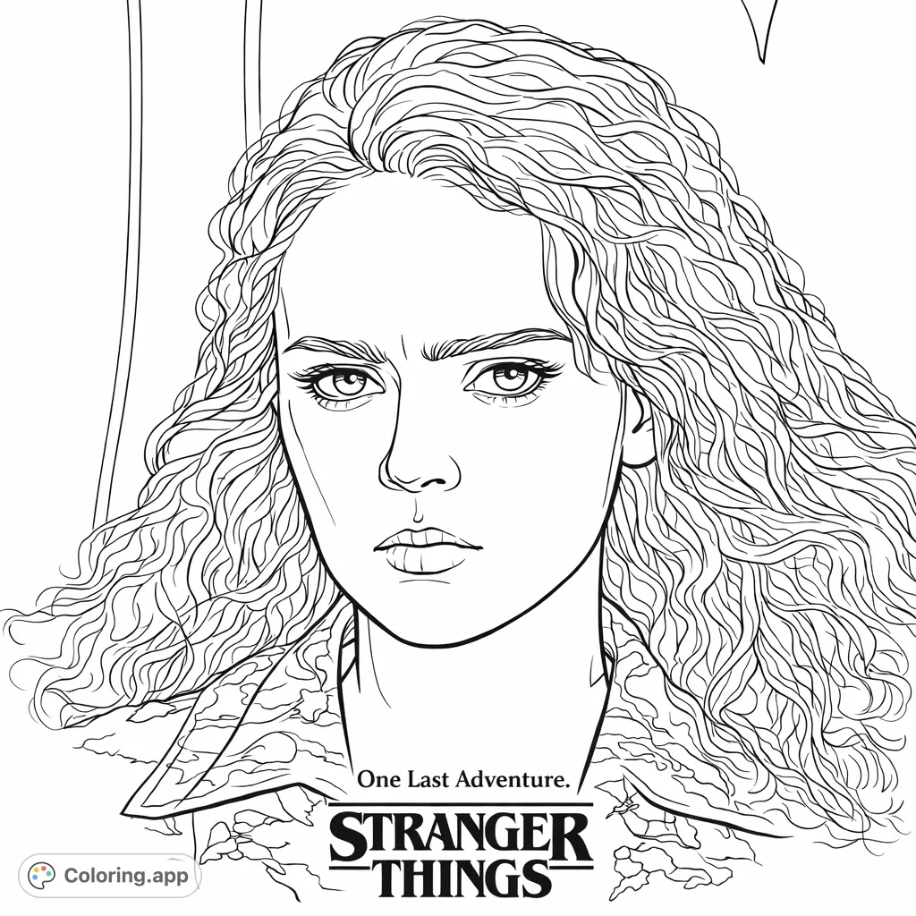 A compelling portrait of a young woman with a focused expression and flowing hair, set against a dynamic, light-filled background. Perfect for detailed coloring.