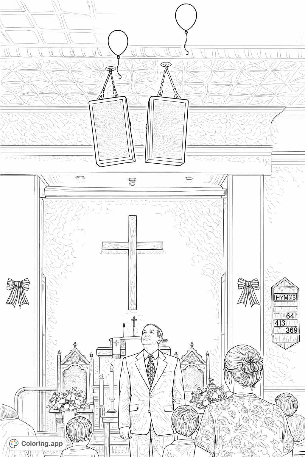 A realistic church service scene featuring a speaker at the podium, a large cross, ornate seating, and decorative elements. A thoughtful and detailed page.