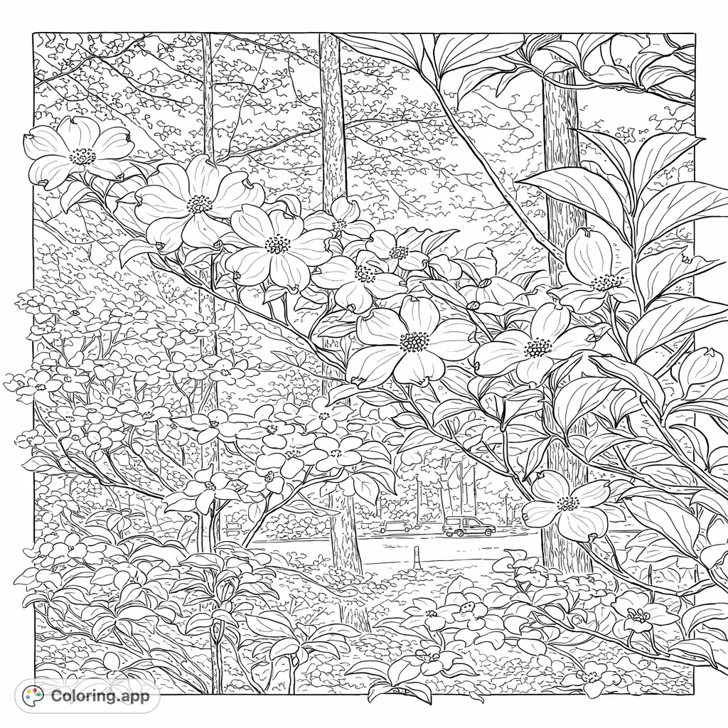Explore this beautiful dogwood coloring page featuring delicate blossoms on a graceful branch, set against a backdrop of forest foliage and a bright sky.