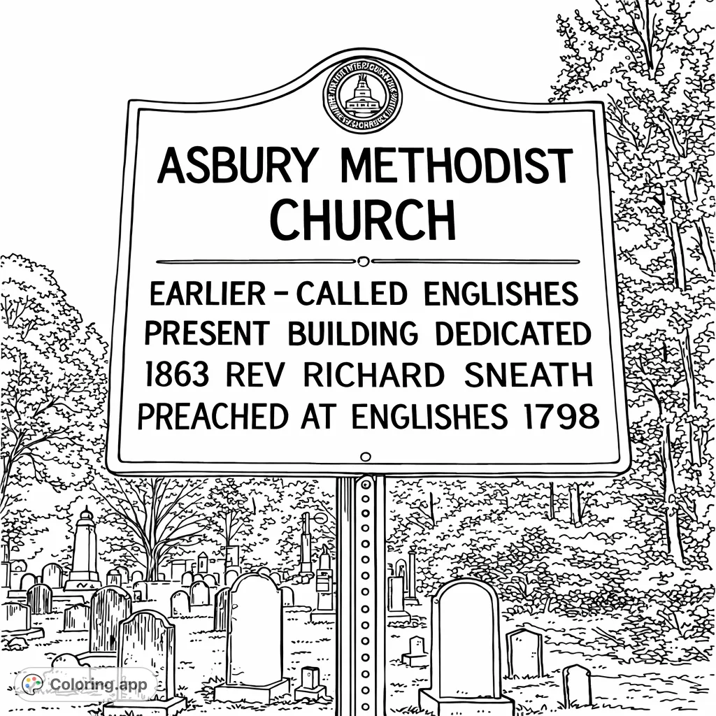 A detailed coloring page featuring a historic church sign standing amidst an old cemetery, surrounded by varied gravestones and natural foliage.