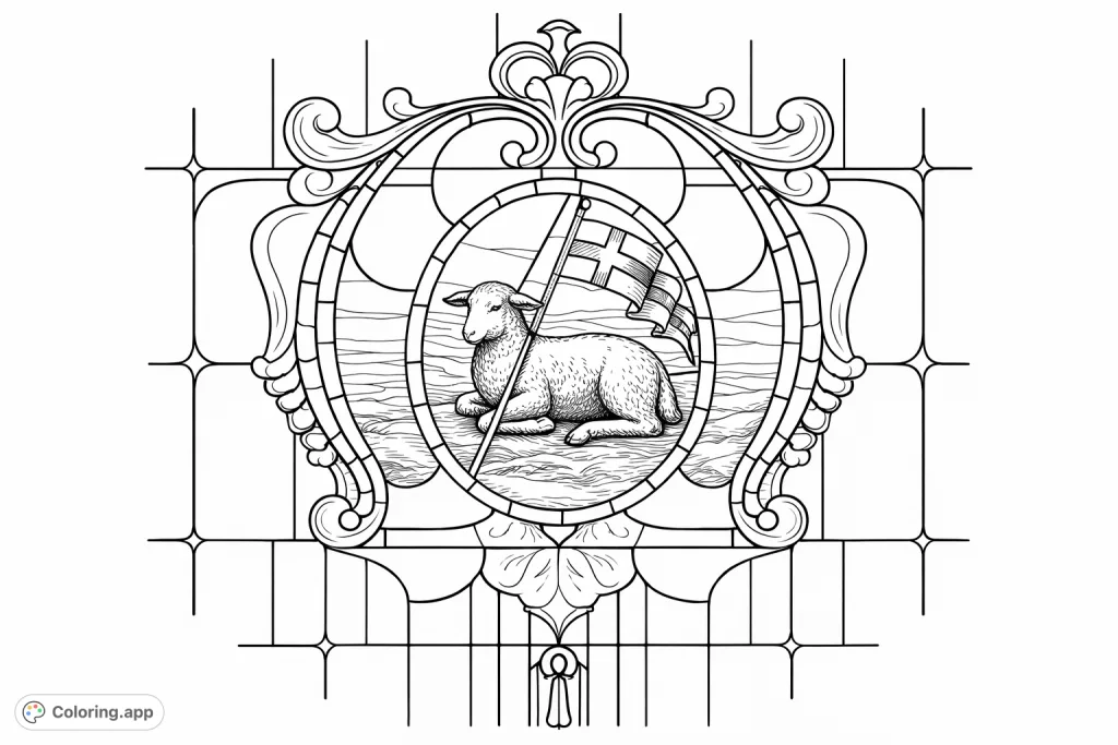 Color this beautiful stained glass design featuring a central lamb holding a flag, surrounded by ornate scrollwork and geometric patterns. A detailed and realistic challenge.
