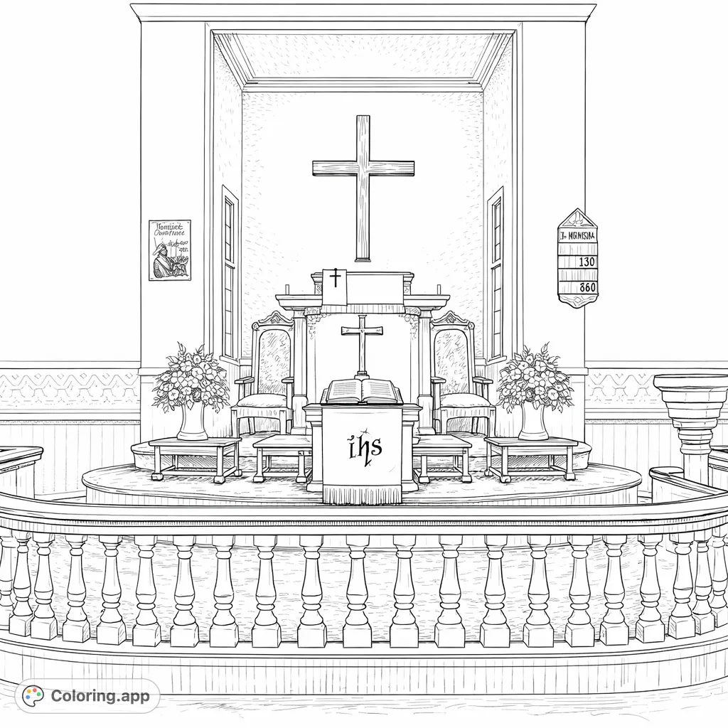 Explore a realistic church altar scene with a prominent cross, ornate pulpit, and detailed architectural elements. A serene and reflective sanctuary interior.