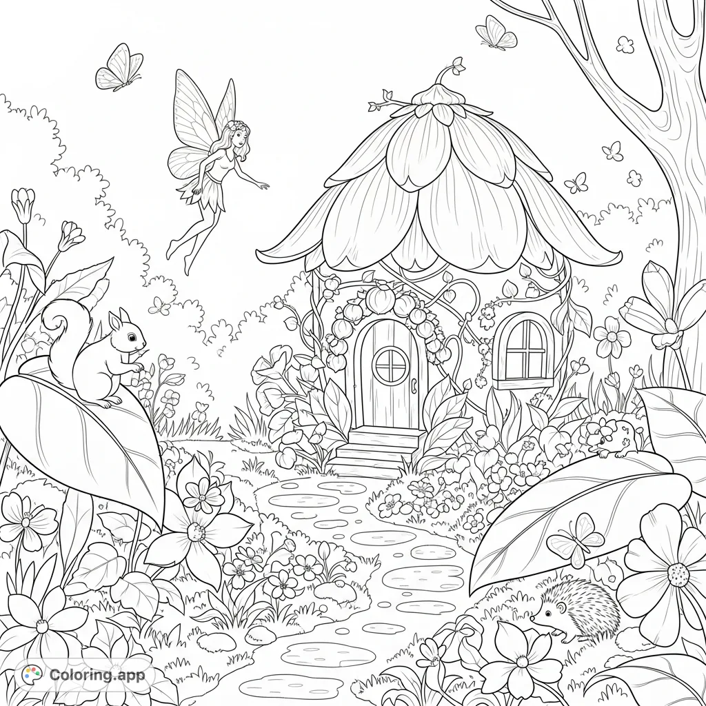 A graceful fairy, tiny animals, and a magical flower house nestled in an enchanted garden. A whimsical fantasy scene for delightful coloring fun.