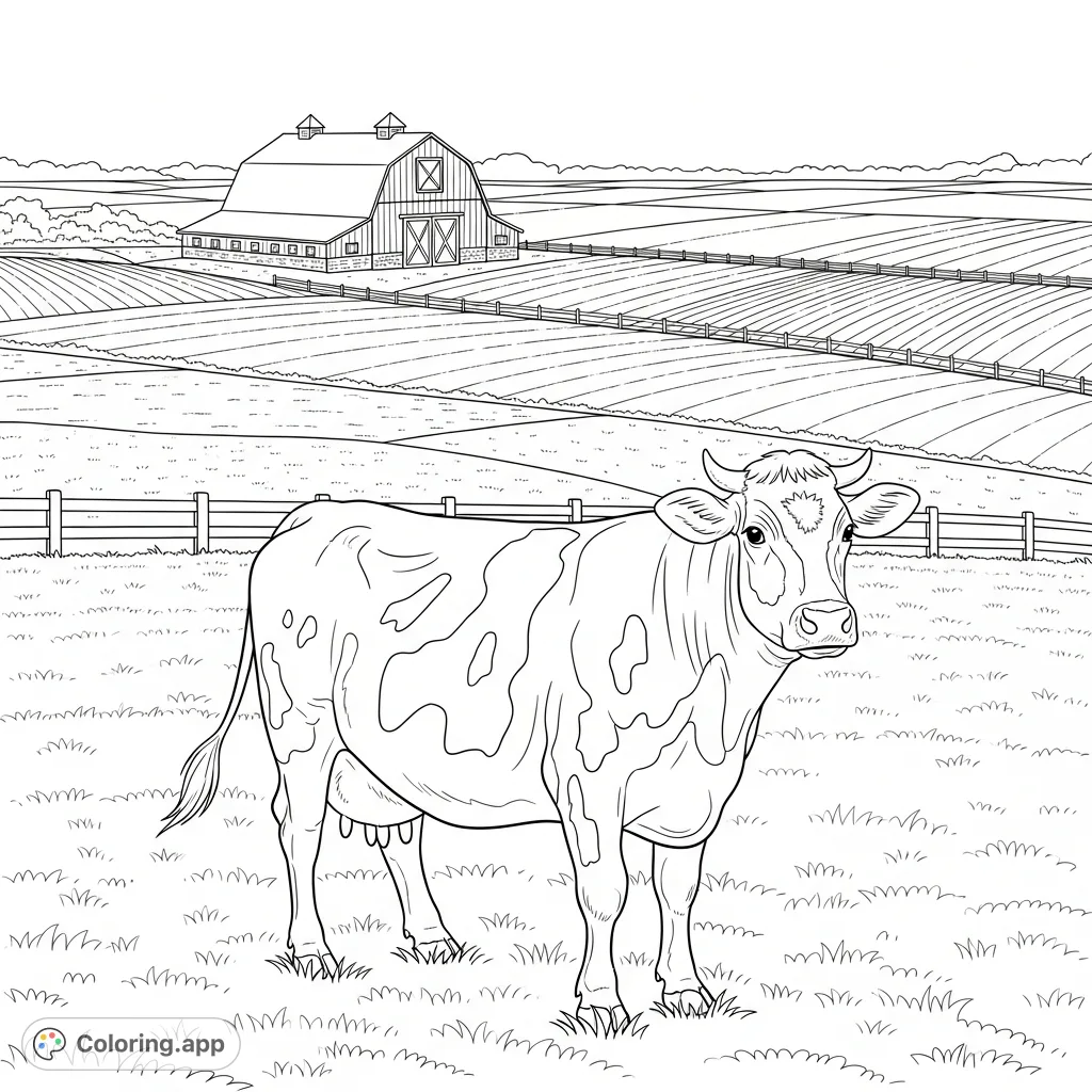 A charming farm scene featuring a contented cow in a sprawling field with a rustic barn backdrop. Perfect for a relaxing and fun farm animals coloring page.
