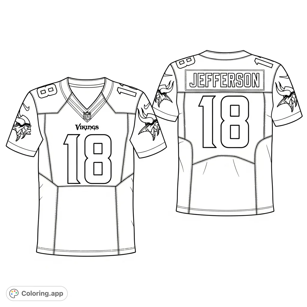 Show your team spirit! This free printable Minnesota Vikings Justin Jefferson jersey coloring page features number 18 and "JEFFERSON" for fans.