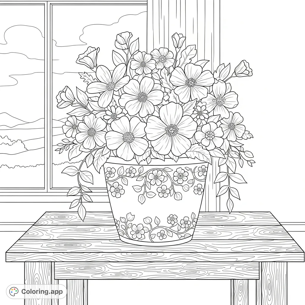 Discover a charming flower pot on a wooden table with delicate blooms and detailed patterns. A free printable floral coloring page for all ages.