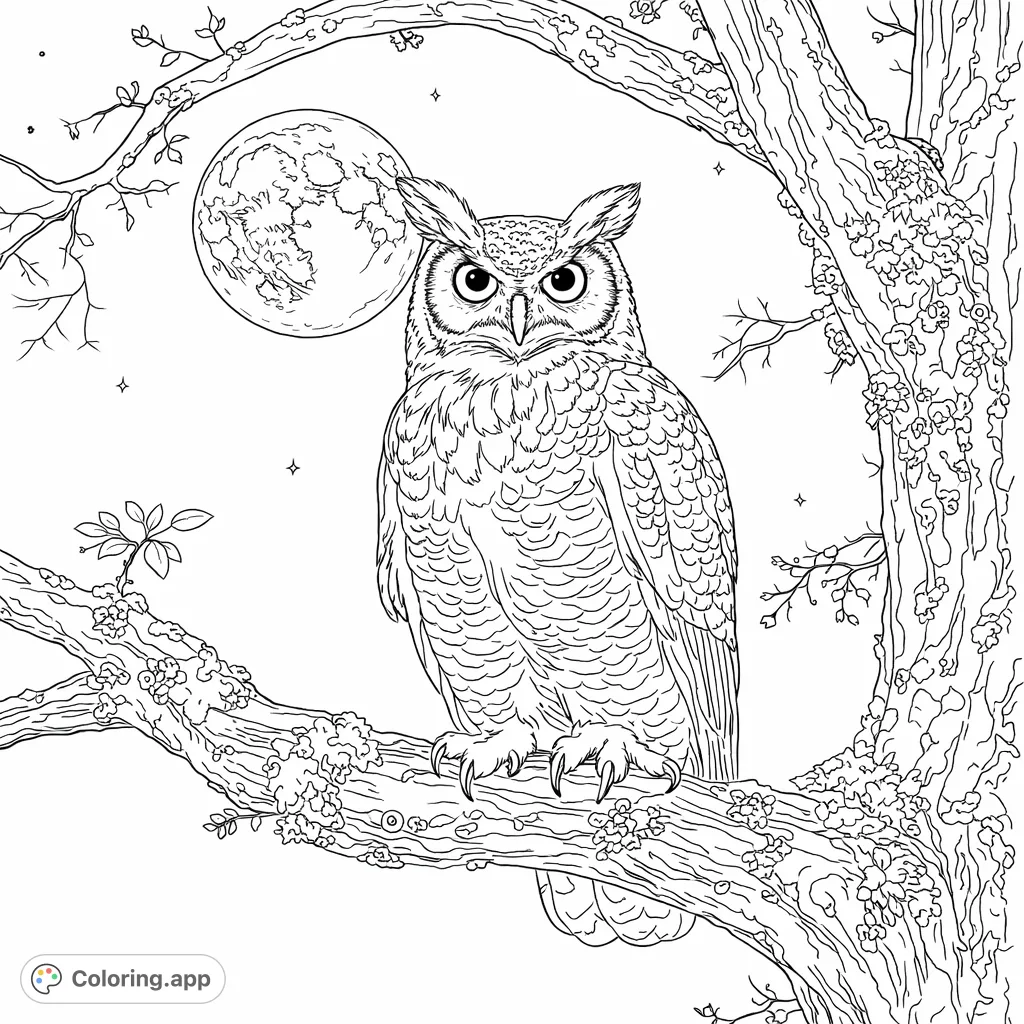 Discover a stunning owl perched on a mossy branch under a luminous full moon and star-filled sky. Intricate feather details await your creative touch.