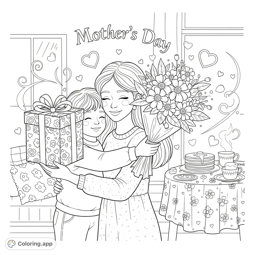 A tender Mother's Day scene with a loving embrace, gifts, and flowers. Celebrate appreciation and family bonds with this heartwarming coloring page.