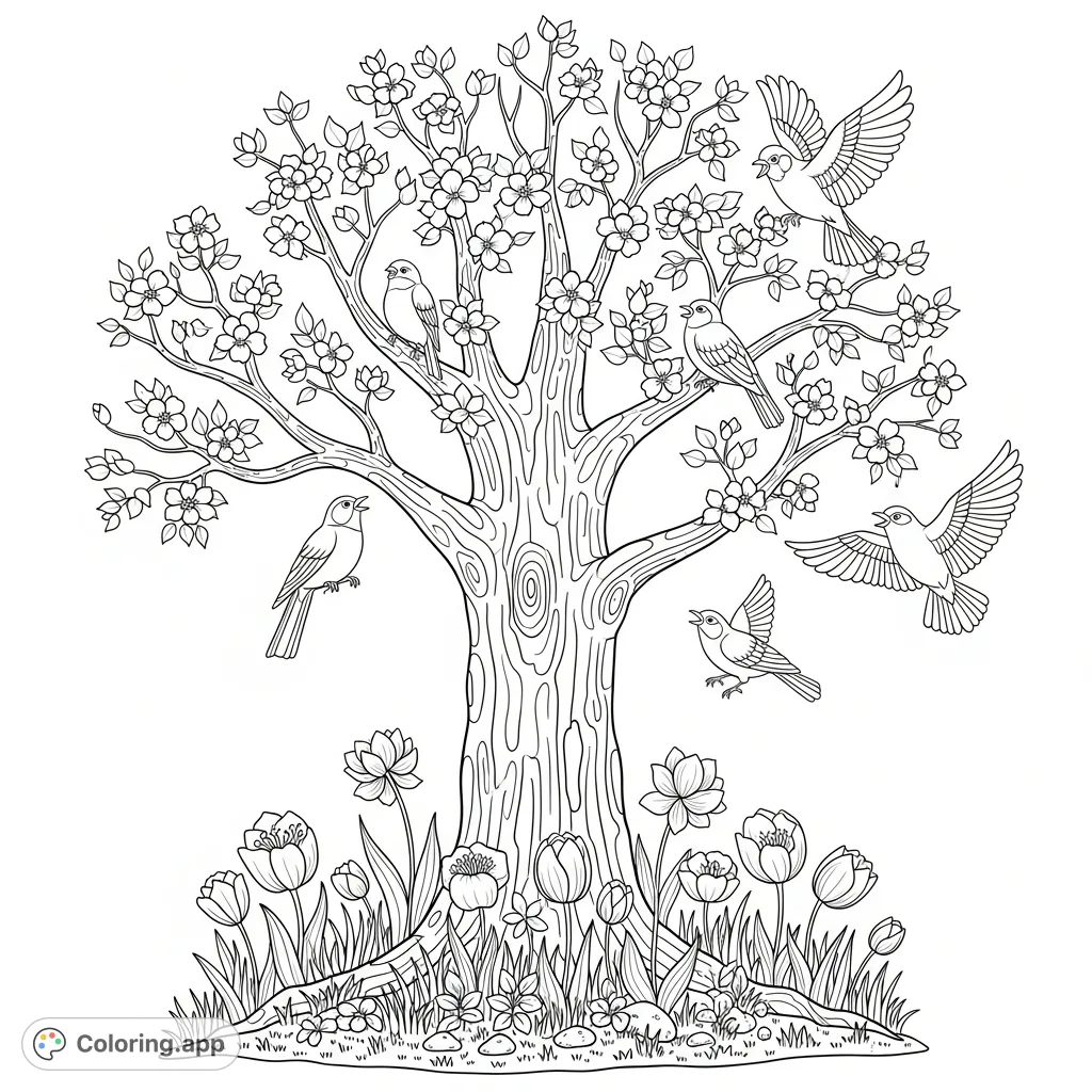 A beautiful spring tree adorned with blossoms, lively birds, and blooming flowers, offering a serene nature scene for your creative coloring journey.