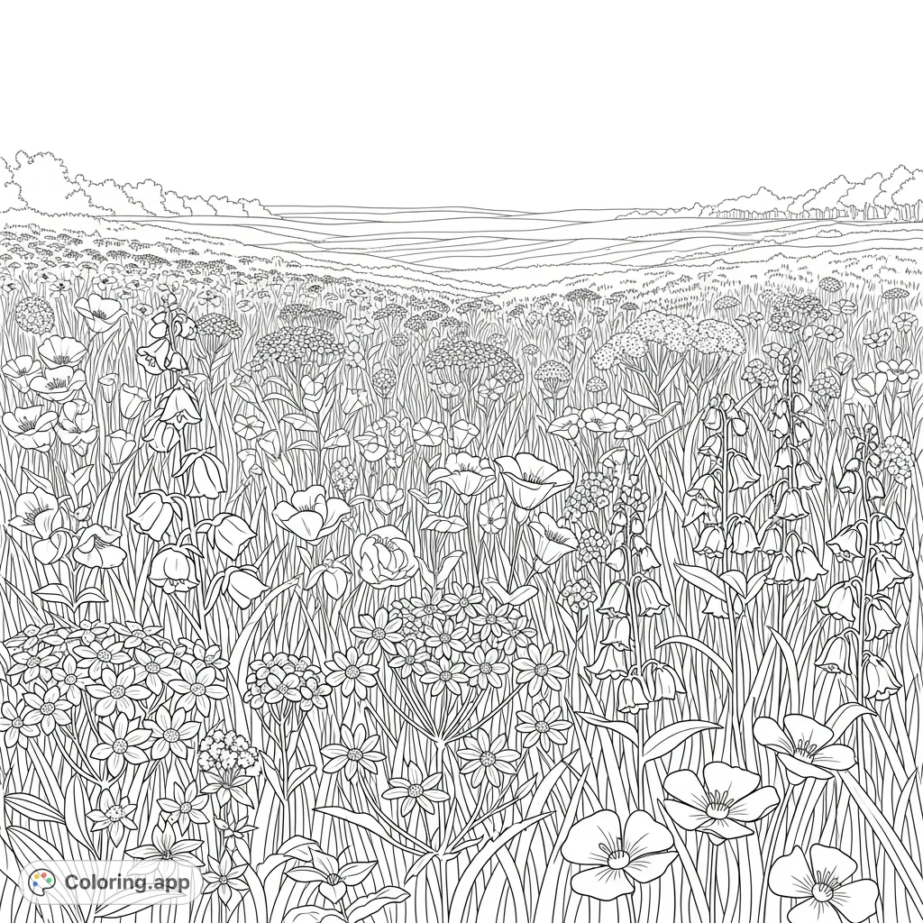 Explore a beautiful prairie filled with diverse flowers and textures. A tranquil nature scene perfect for imaginative coloring and relaxation.