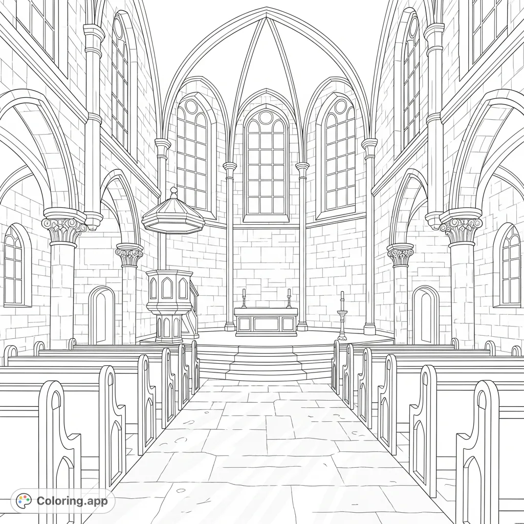 Step into a serene ancient church interior. Features detailed stone walls, classic pews, an altar, and intricate stained glass windows.