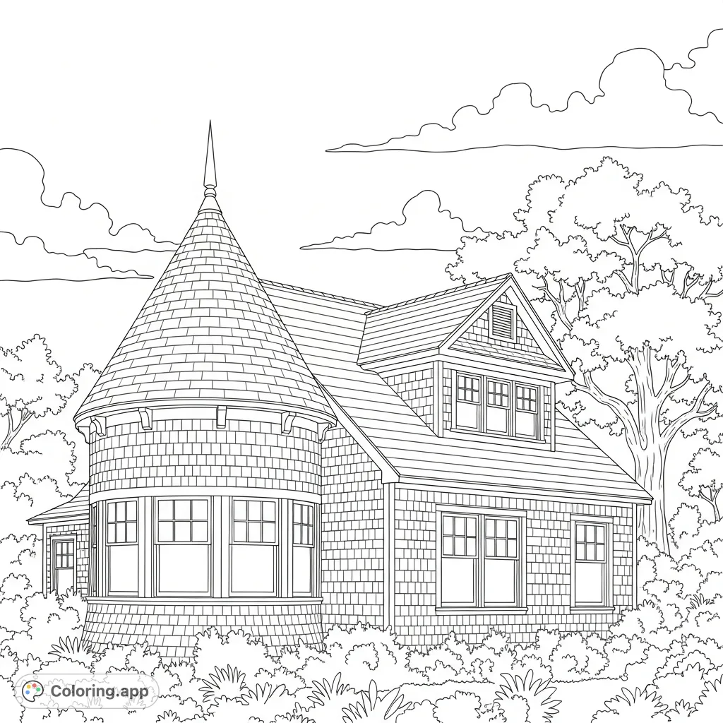 Discover a charming home with a conical roof, detailed dormer, and shingled walls surrounded by lush trees under a clear sky. A delightful architectural scene!