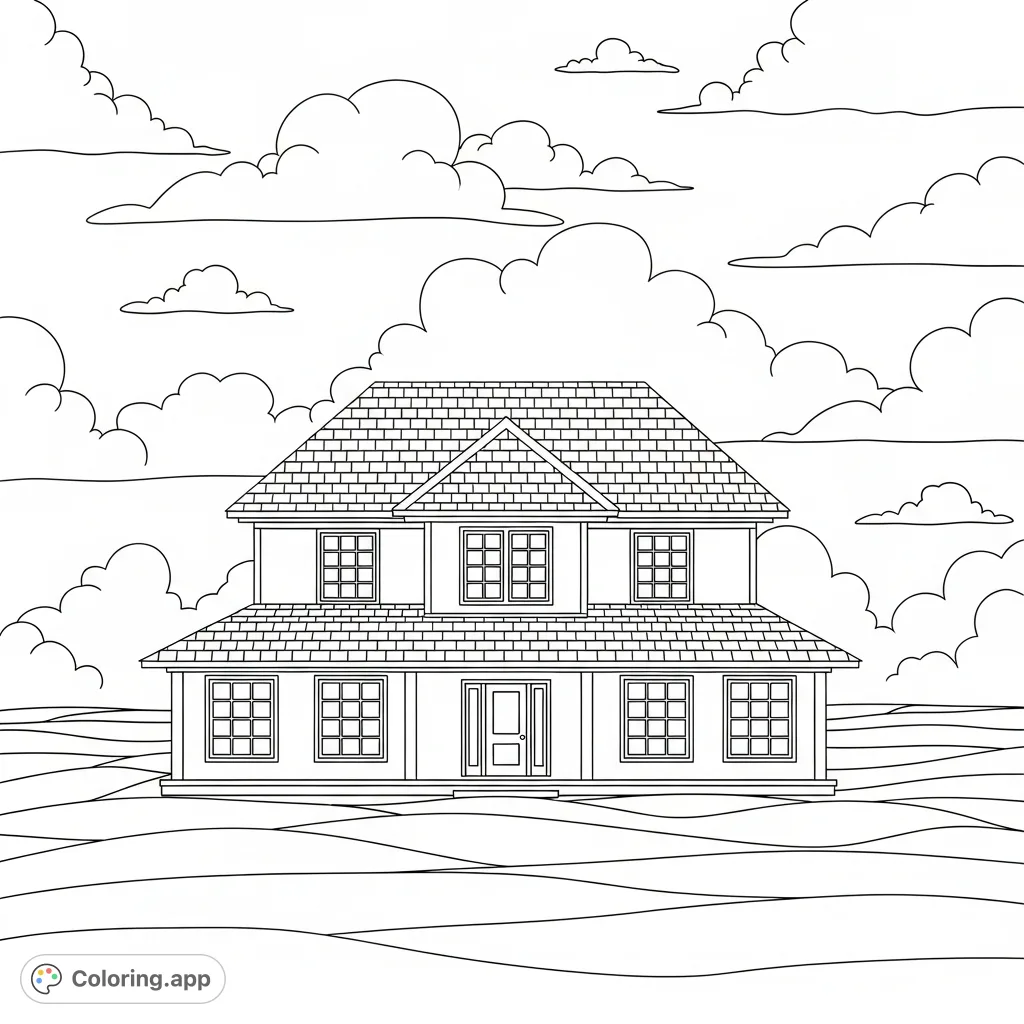 A beautiful two-story home with a distinct hip roof stands on an open expanse beneath a sky filled with dramatic, swirling puffy clouds, inviting your creative touch.