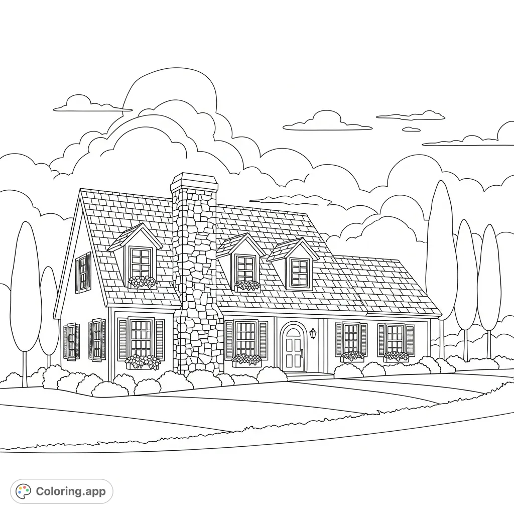 Color a charming house with detailed architectural features like flower boxes, shutters, and a stone chimney, set in a serene landscape with trees and clouds.