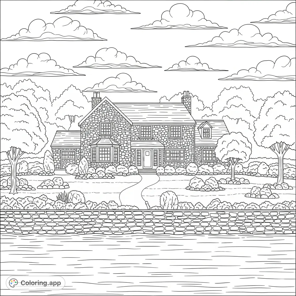 Discover a charming cobblestone lakeside home, featuring symmetrical architecture, a manicured lawn with flowers, a serene lake, and billowy clouds.
