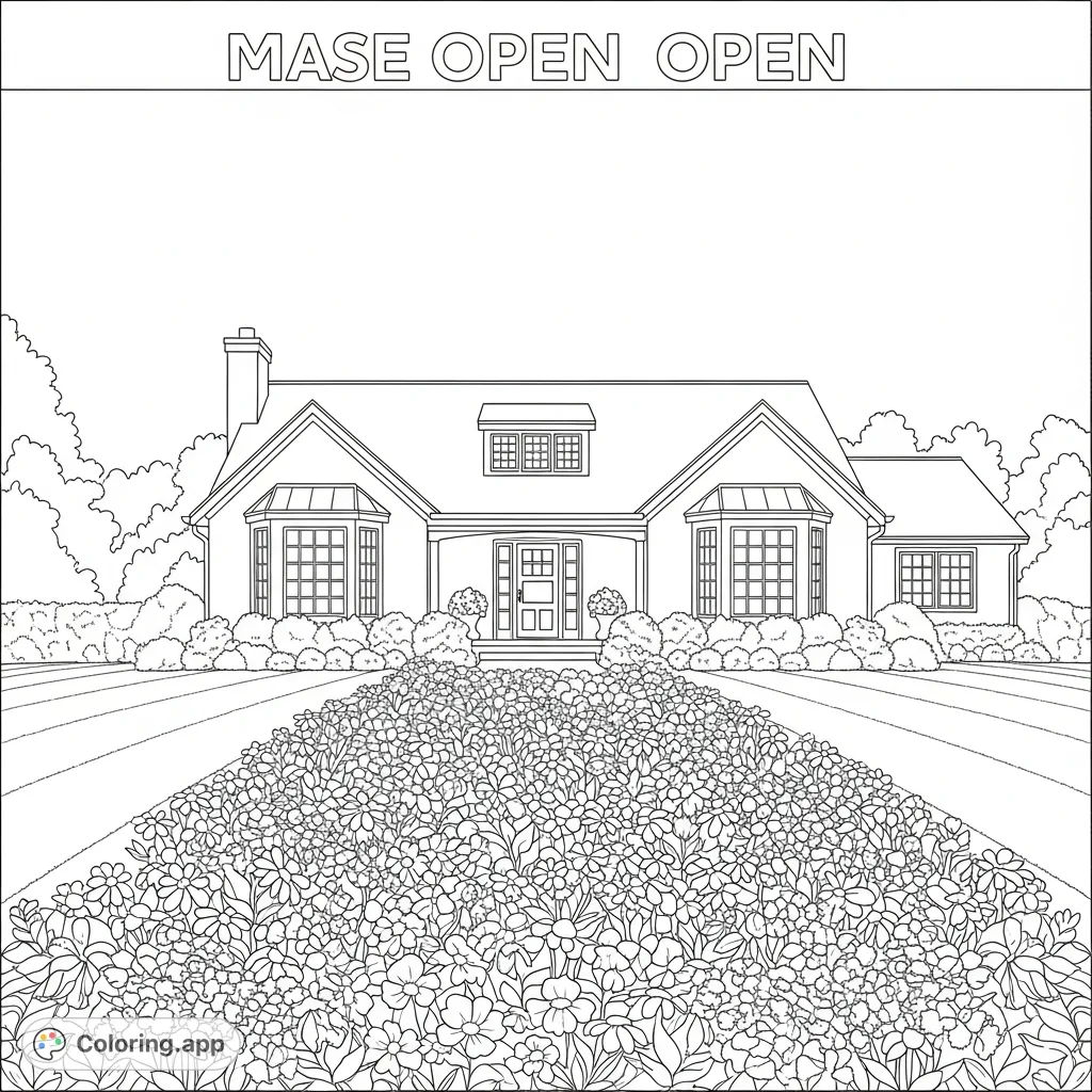 Color a classic suburban home with a gabled roof, inviting front door, and prominent windows, surrounded by a lush garden of blooming flowers and a trimmed lawn.