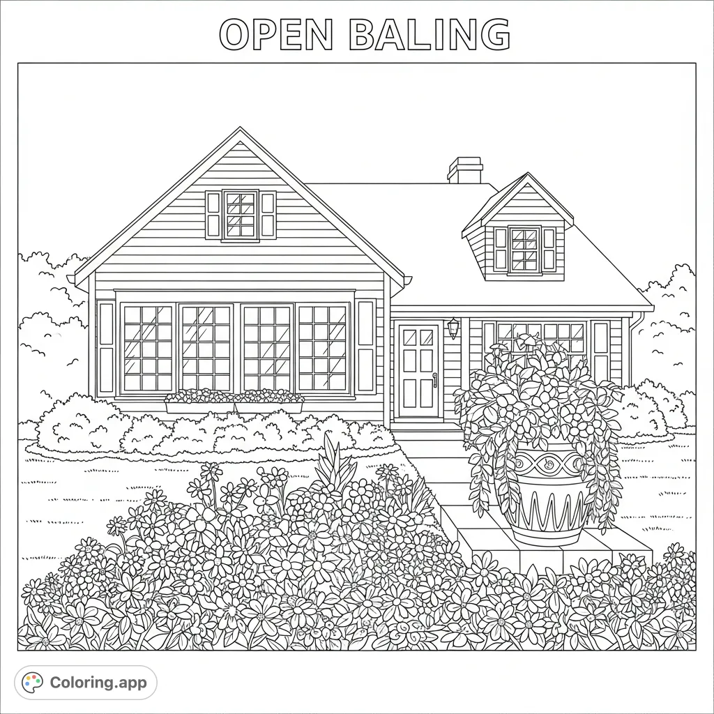 Explore a charming suburban home with a beautiful garden, vibrant flowers, and a lovely flower pot. A delightful scene for creative coloring.