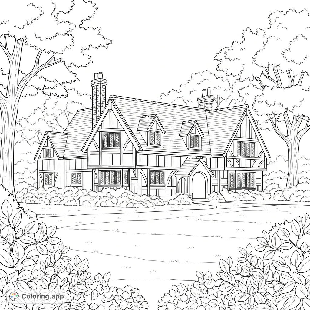 Explore a charming one-story Tudor house nestled in a vast, tranquil field with abundant shrubbery and towering trees. A delightful scene for relaxation and creativity.