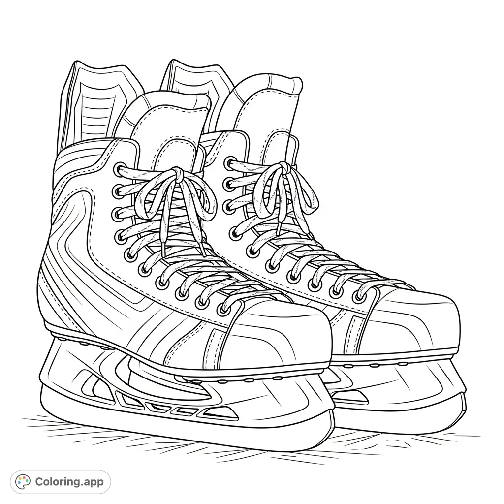 Dive into the intricate details of a pair of classic hockey skates, laces, and blades. A dynamic sports coloring page perfect for fans of all ages.