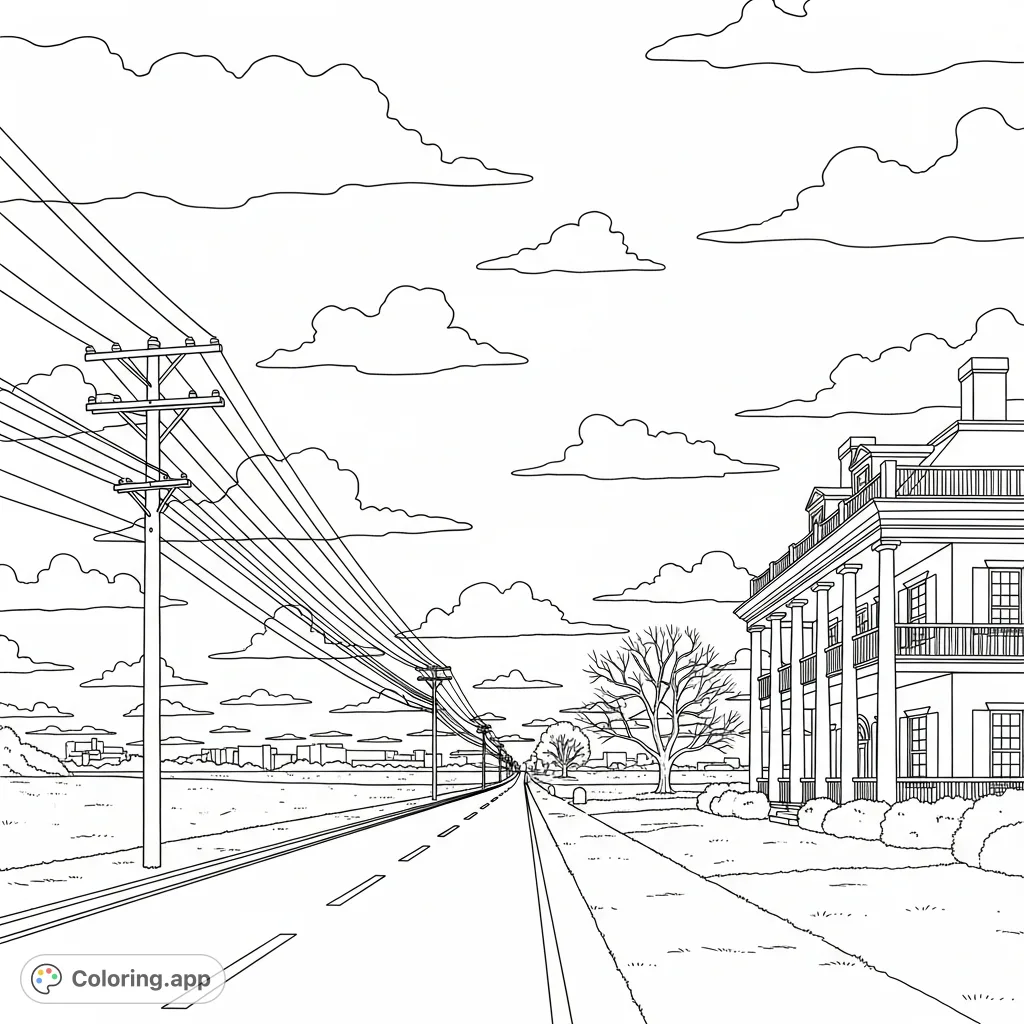 A picturesque street scene featuring a grand plantation house, a winding road, and a vast sky with clouds. Perfect for detailed coloring!