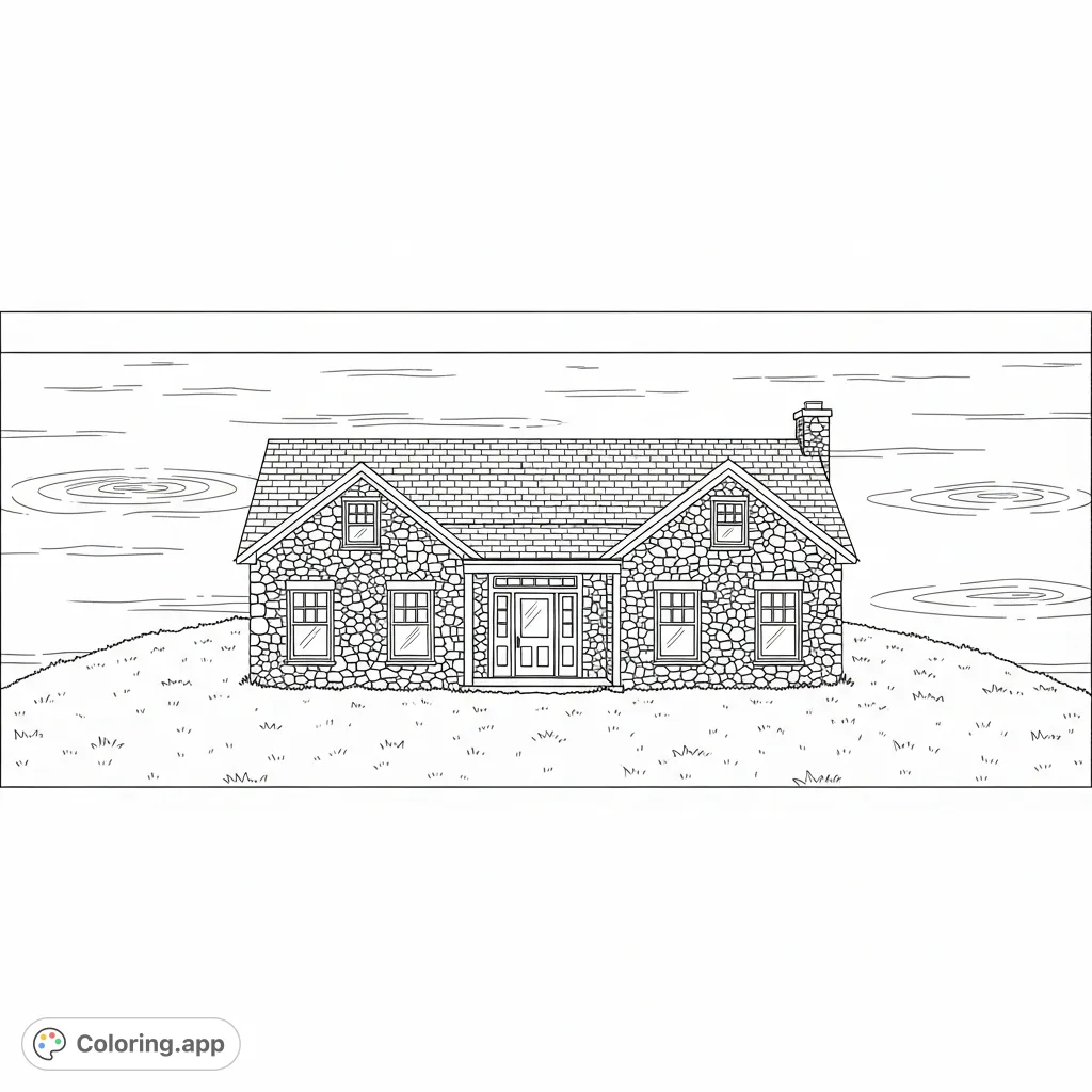 Discover a charming cobblestone lakeside home on a grassy mound with a tranquil lake backdrop. Perfect for relaxing and detailed coloring fun.
