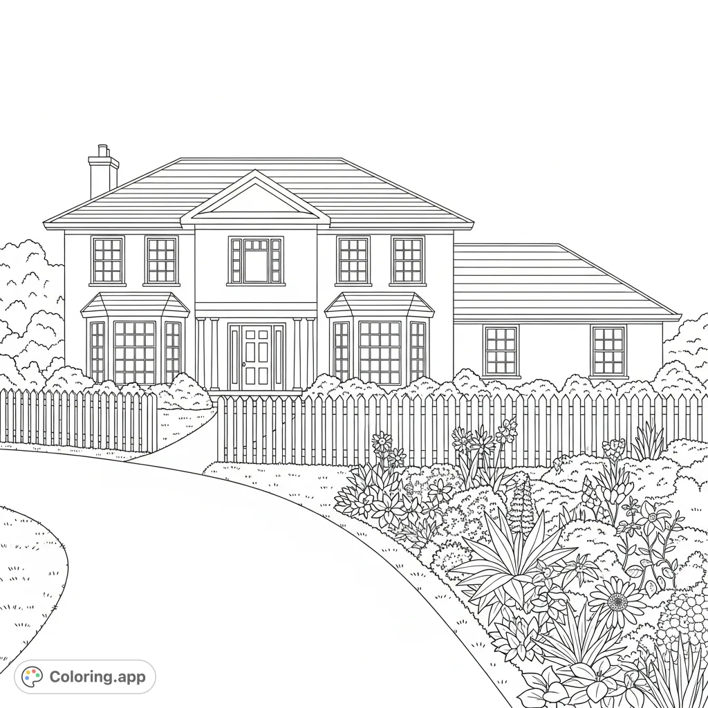 Color a charming two-story house with a picket fence, curving driveway, and beautiful flower bed. A perfect home coloring page for relaxation.