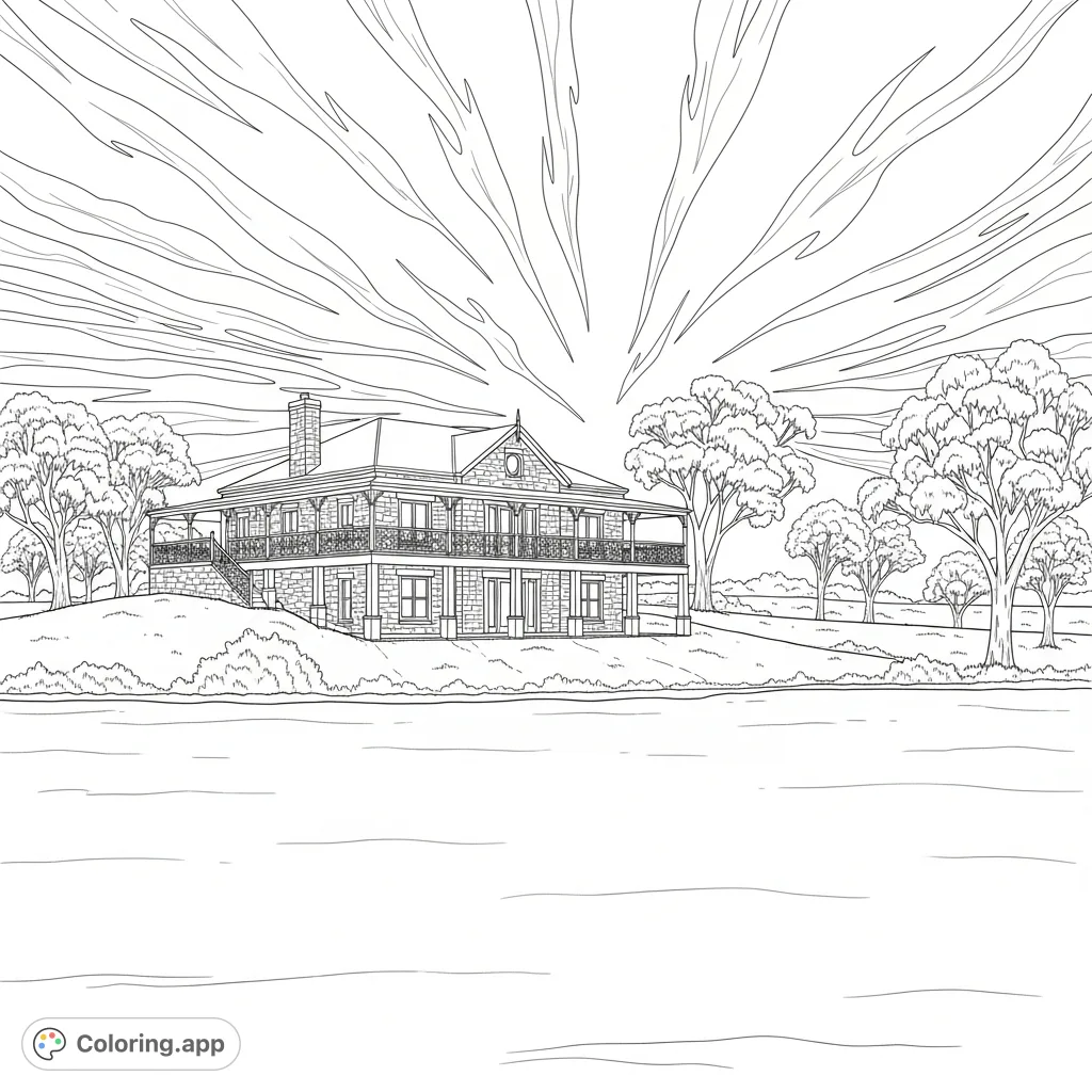 Escape to a serene lakeside stone home coloring page, featuring a grand wrap-around porch, eucalyptus trees, and a vast lake. A free printable coloring page for relaxation.