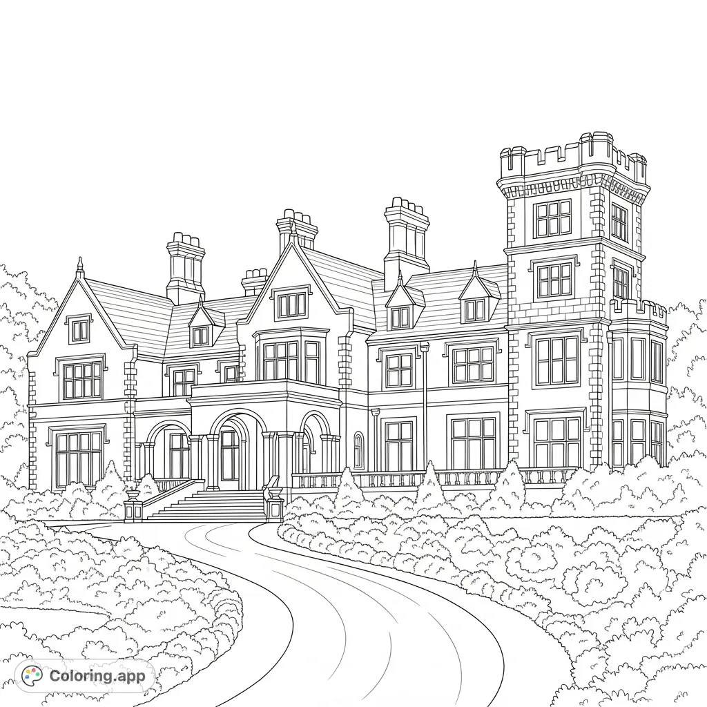 Explore a majestic grand mansion coloring page with intricate architecture, a towering turret, arched entryway, and lush gardens. A detailed scene awaits your creative touch.