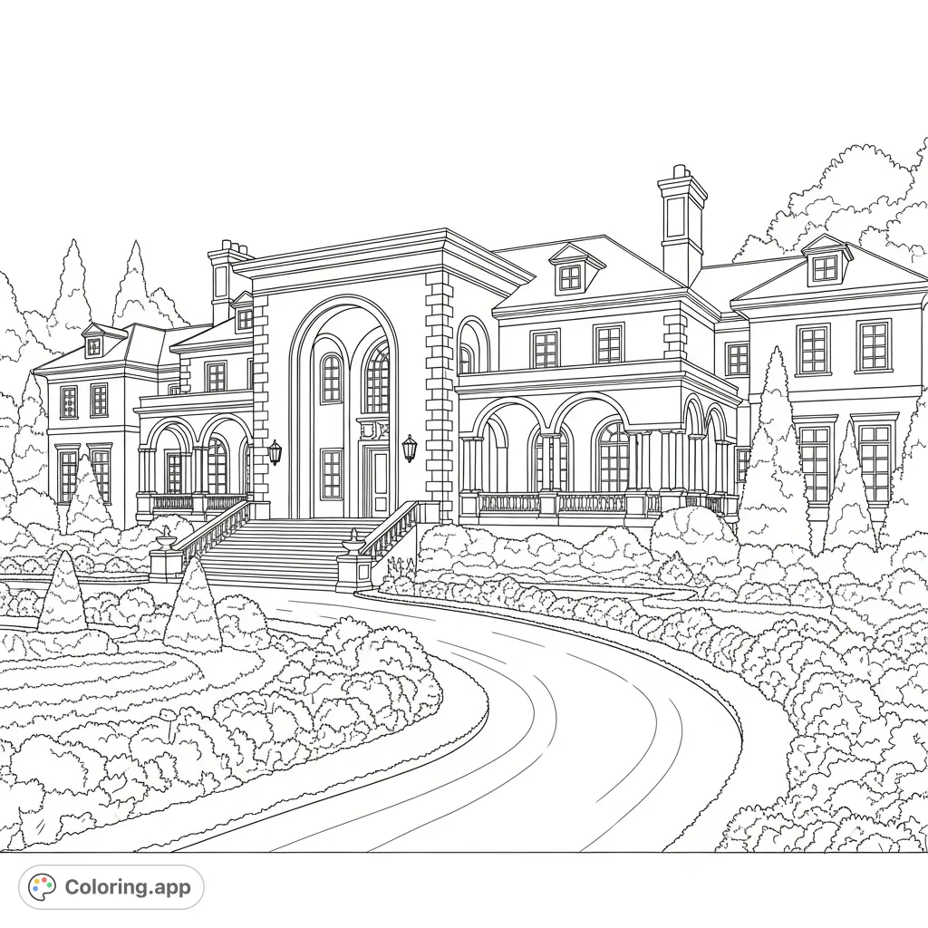 Explore a magnificent grand mansion with an arched entryway, columns, and winding driveway, surrounded by lush, detailed gardens and towering trees.