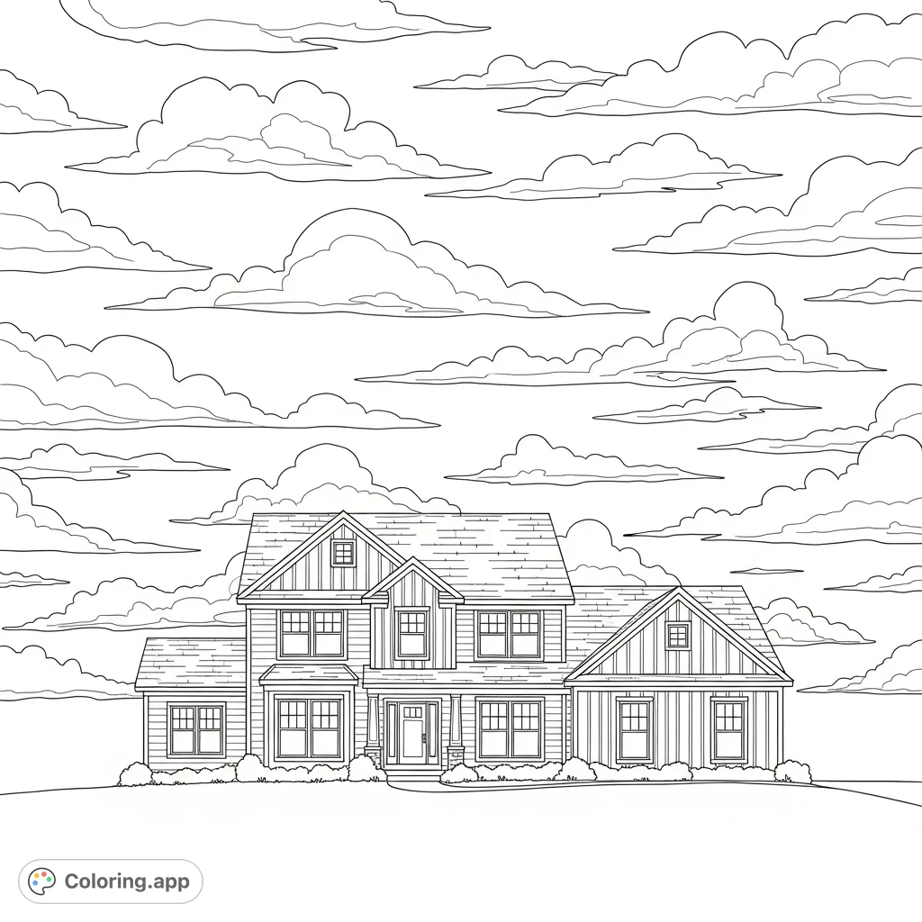 Color a charming two-story suburban home perched on a hilltop beneath a sky bustling with diverse clouds. A delightful scene for imaginative coloring.