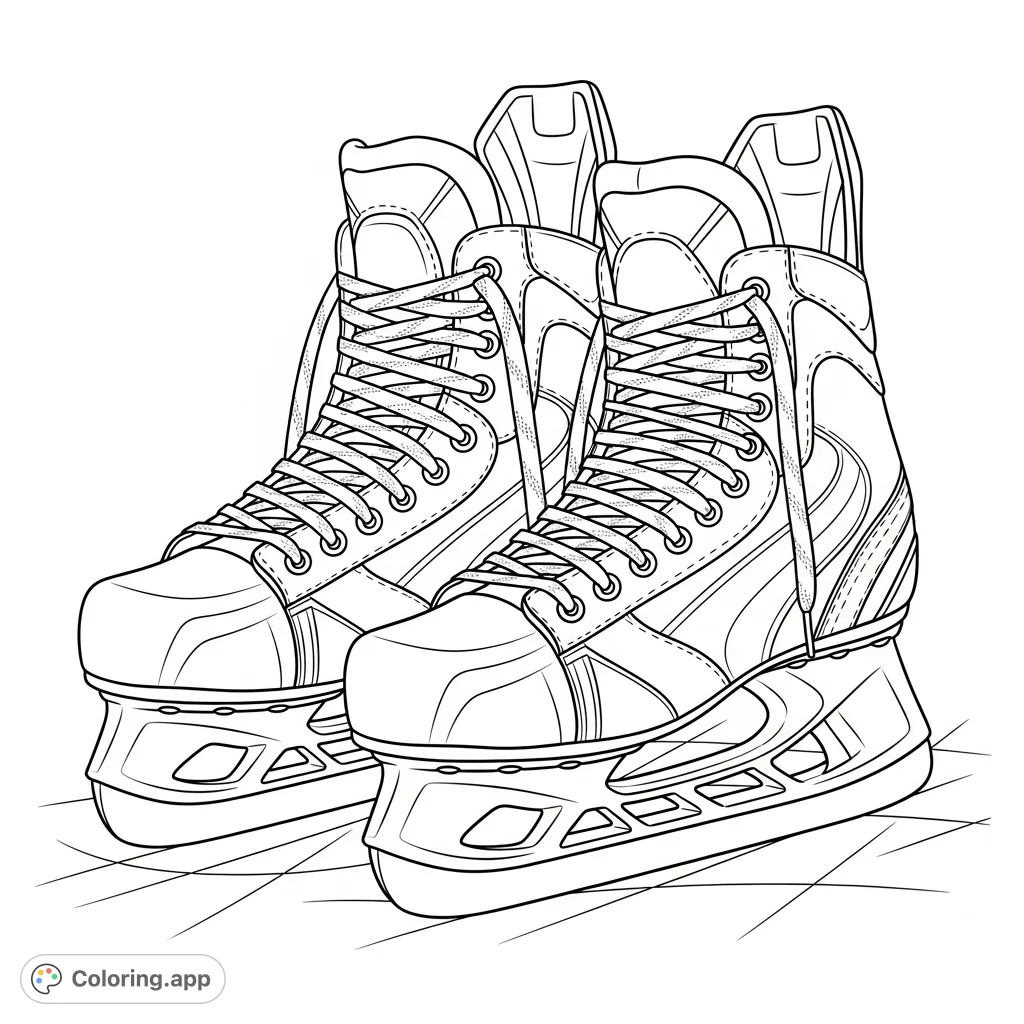 A dynamic hockey skates coloring page featuring a pair of detailed boots, intricate laces, and sharp blades resting on an ice surface, ready for action. Great for sports enthusiasts!