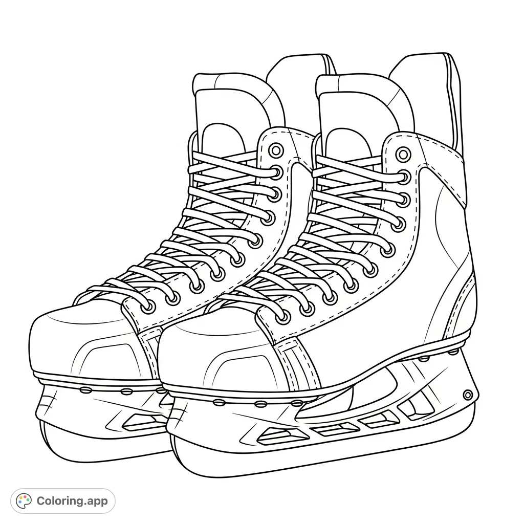 A detailed hockey skates coloring page featuring two skates positioned side by side, showcasing their robust boots, intricate laces, sharp blades, and protective elements.