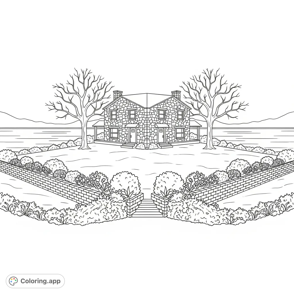 Color a serene two-story lakeside home crafted from rough hewn stone, featuring elegant bare trees, flower beds, and a vast lake.