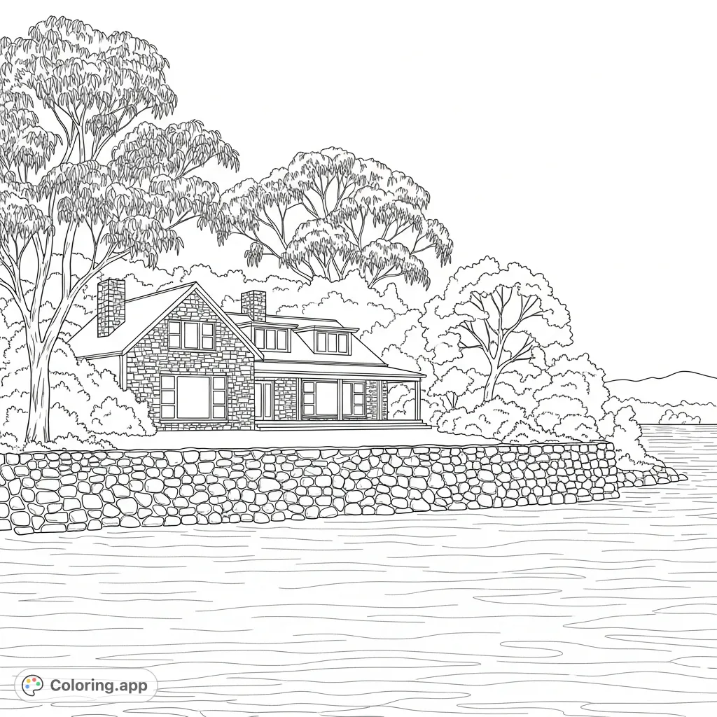 Explore a peaceful lakeside stone home surrounded by lush eucalyptus trees and dense bushes, overlooking a calm lake with subtle ripples and a textured stone wall.