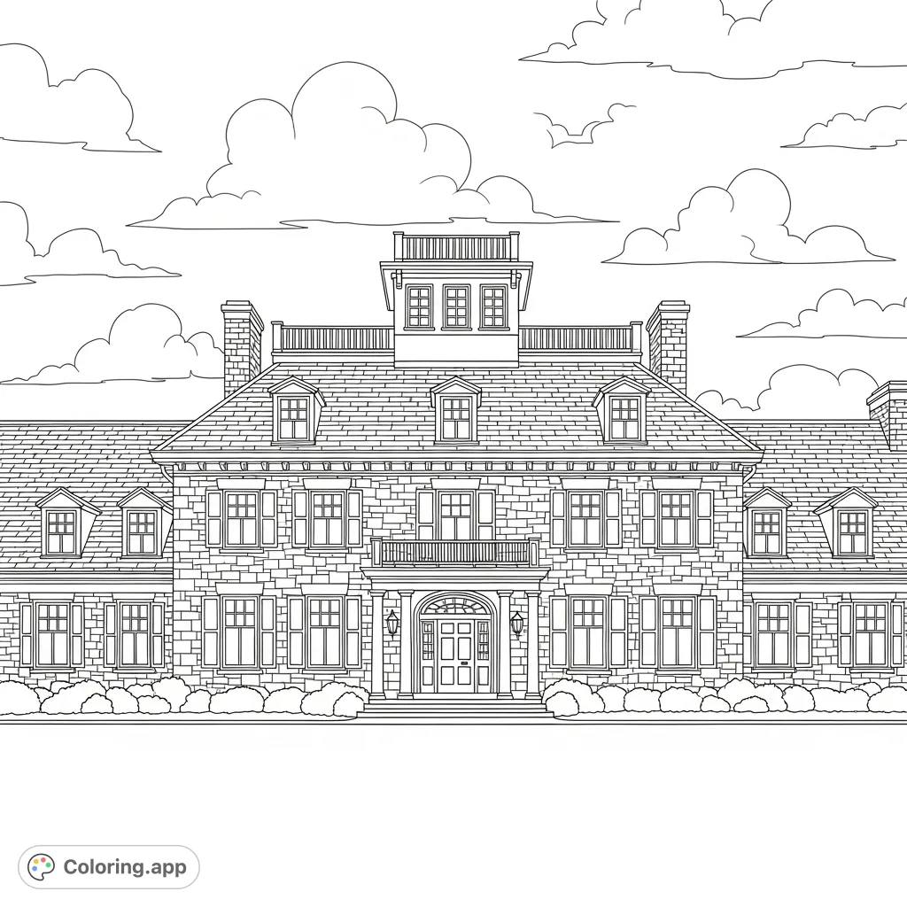 A detailed coloring page featuring a grand stone house with a wrap-around porch, numerous shuttered windows, a textured roof, and a cupola, set against a cloud-filled sky and manicured lawn.
