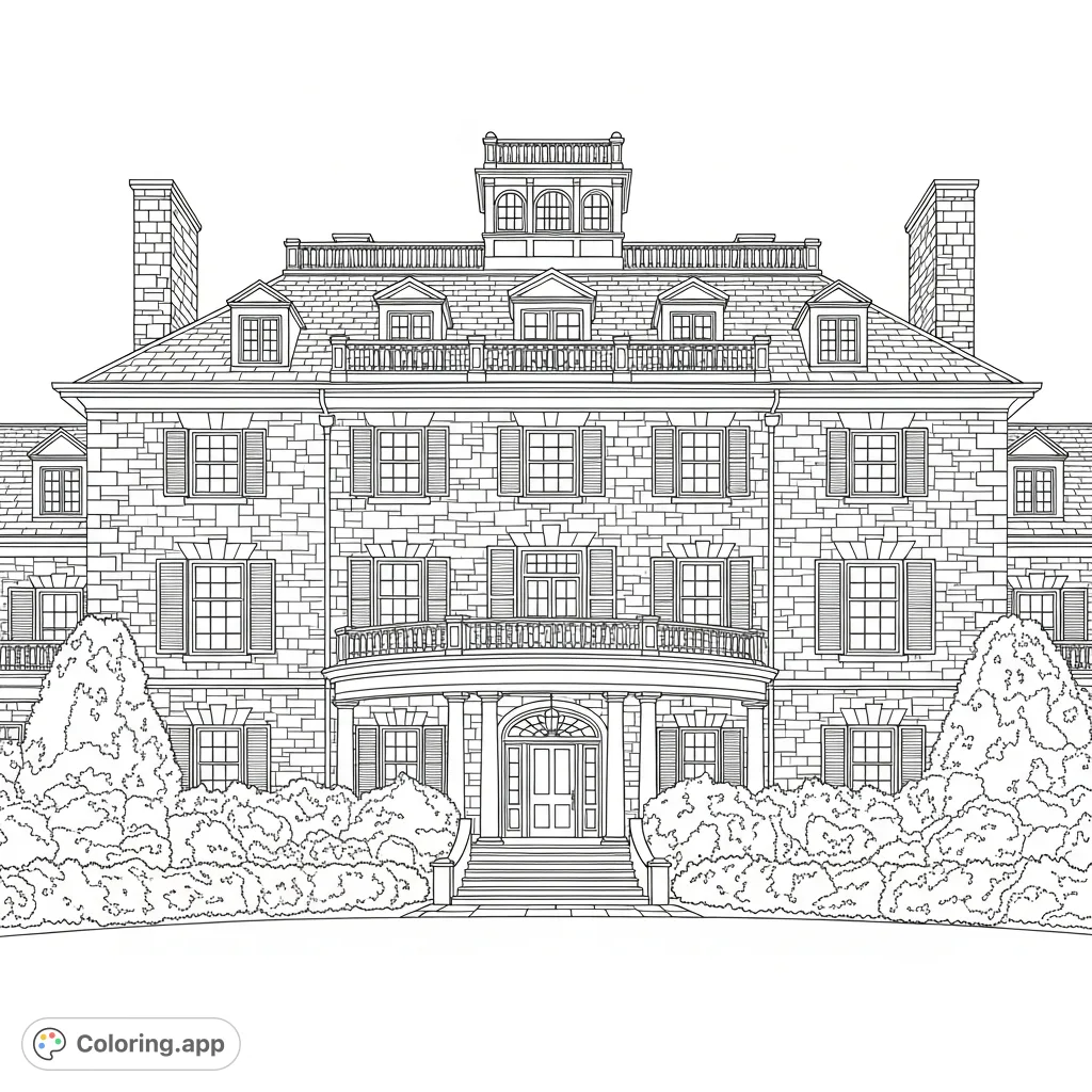 Color a grand stone mansion featuring a wrap-around porch, numerous shuttered windows, a textured roof, and a cupola, all set amidst a meticulously sculpted landscape.
