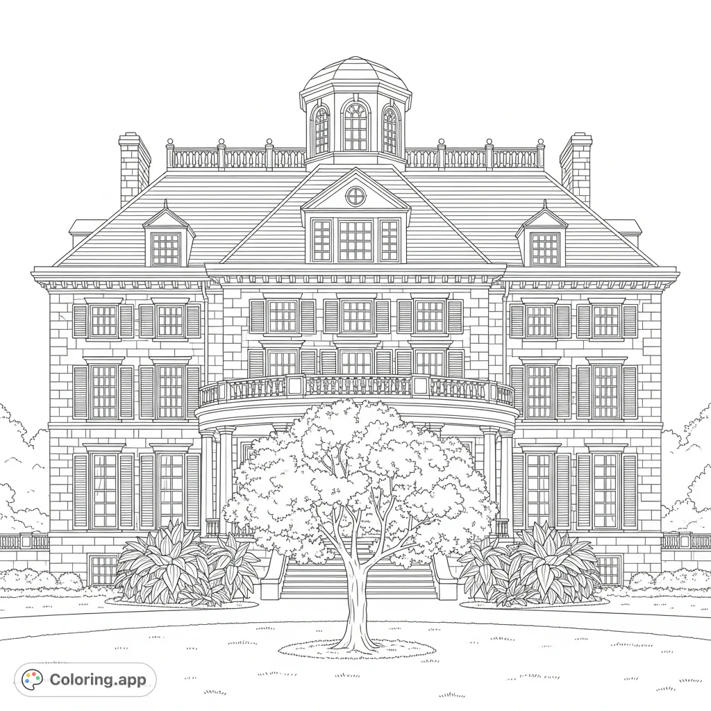 An elegant stone mansion with a welcoming porch, a beautiful cherry blossom tree, and sculpted gardens awaits your creative touch.