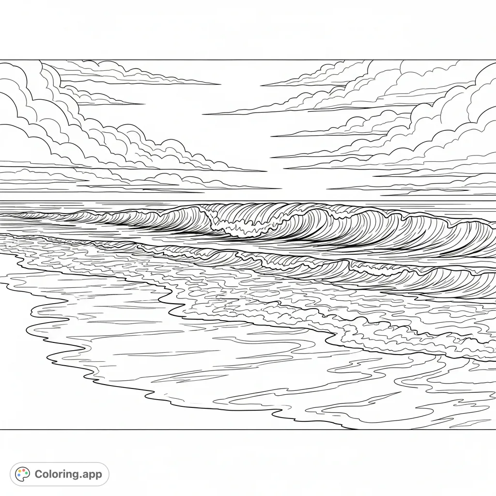 An expansive panoramic beach scene featuring powerful cresting waves, reflective wet sand, and dynamic cloud formations, perfect for an immersive coloring experience.