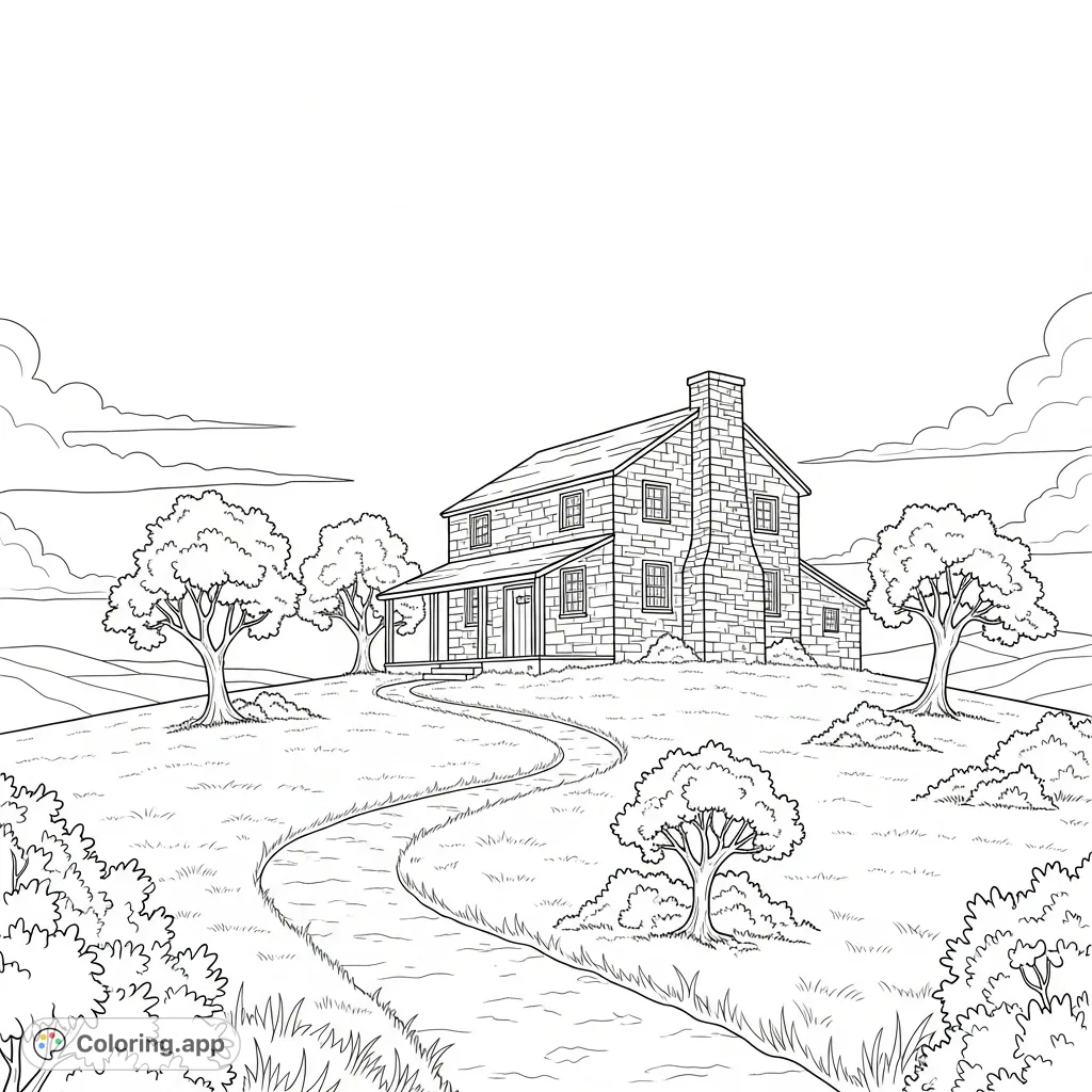 Color a charming rustic stone house on a winding path, nestled among sparse trees under an expansive sky. Perfect for a serene coloring escape.