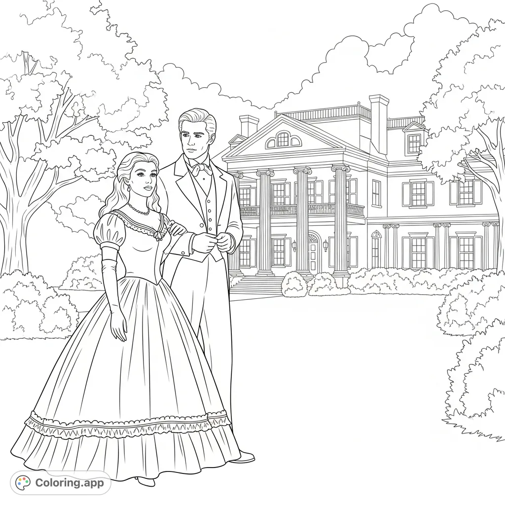 Capture the iconic romance of Scarlett O'Hara and Rhett Butler at Tara. A grand Southern estate setting for a timeless historical drama coloring page.