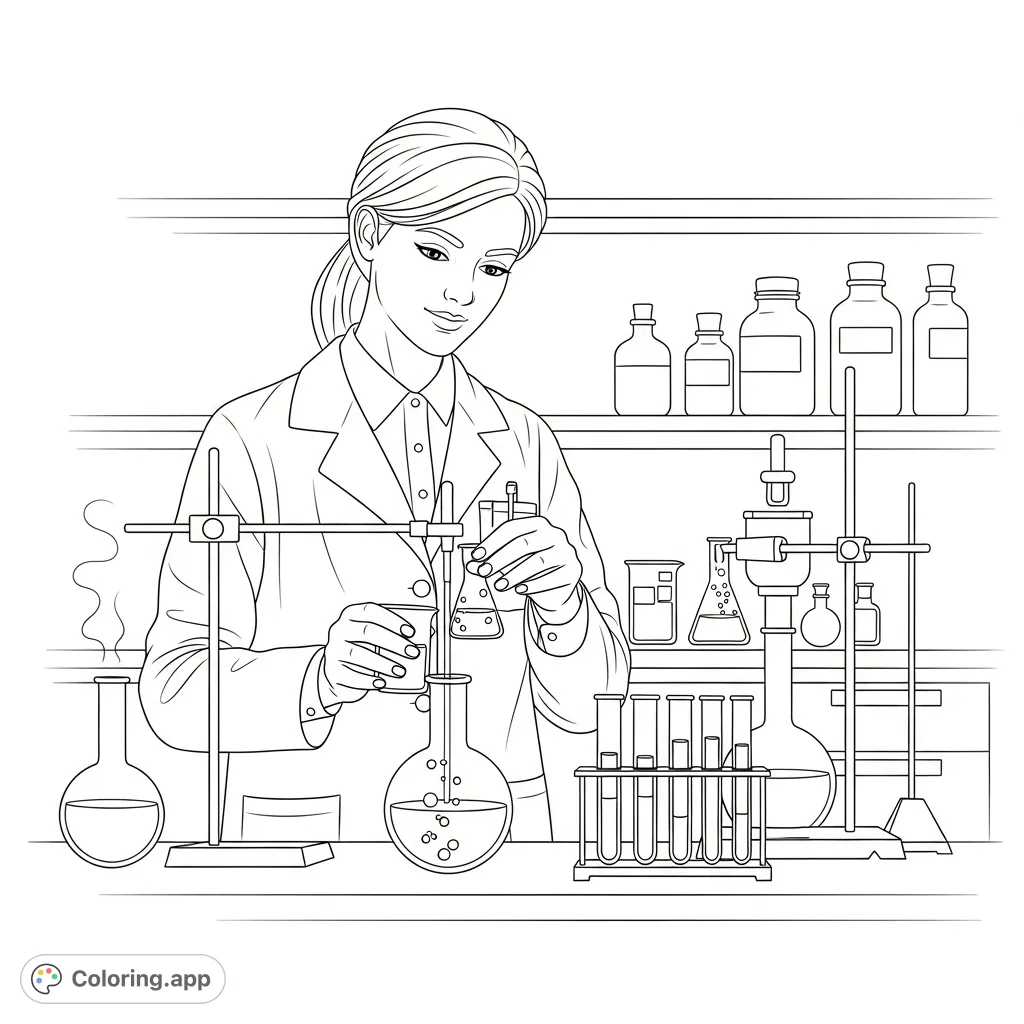 Explore the fascinating world of science with this detailed coloring page featuring a female scientist diligently working in her laboratory. Perfect for all ages!