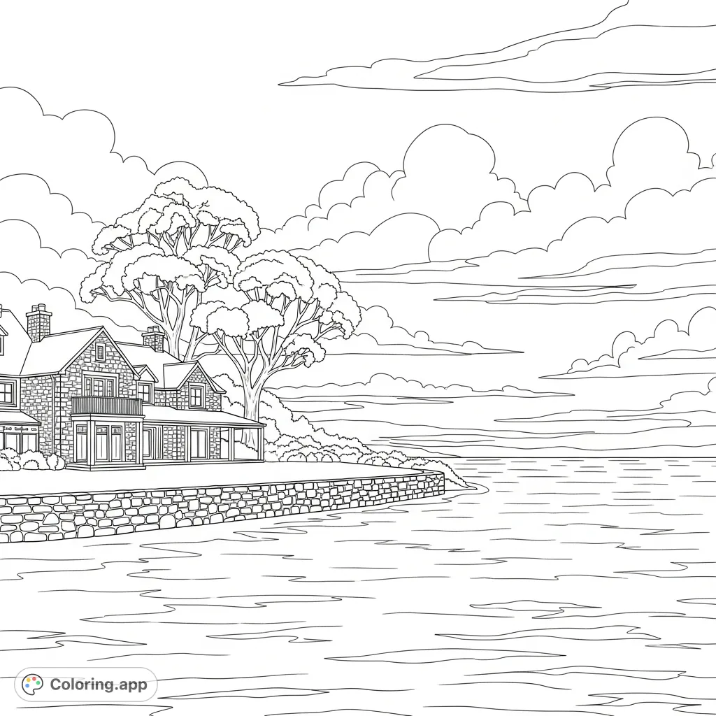 Capture the tranquility of a symmetrical stone lakeside home, flanked by Eucalyptus trees, overlooking a gently rippling lake under a sky of billowy clouds.