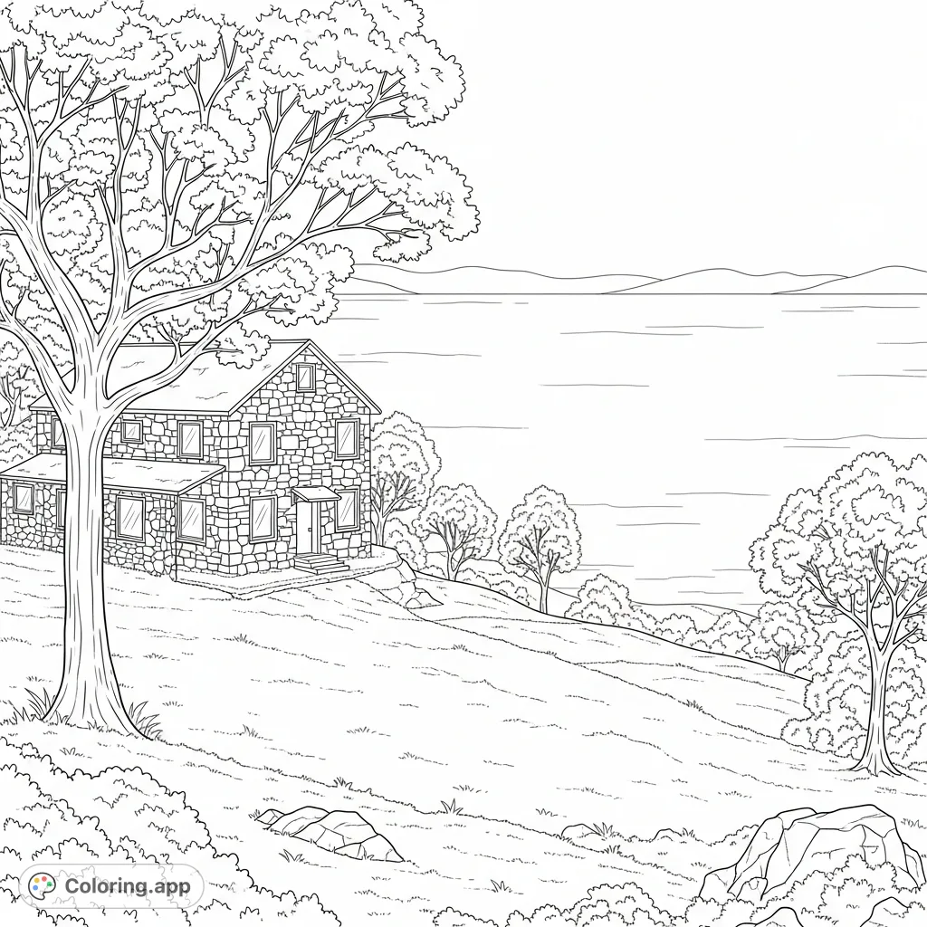 Explore a serene lakeside stone house on a raised grassy landscape, framed by elegant bare branch trees. A tranquil scene awaiting your creative touch.