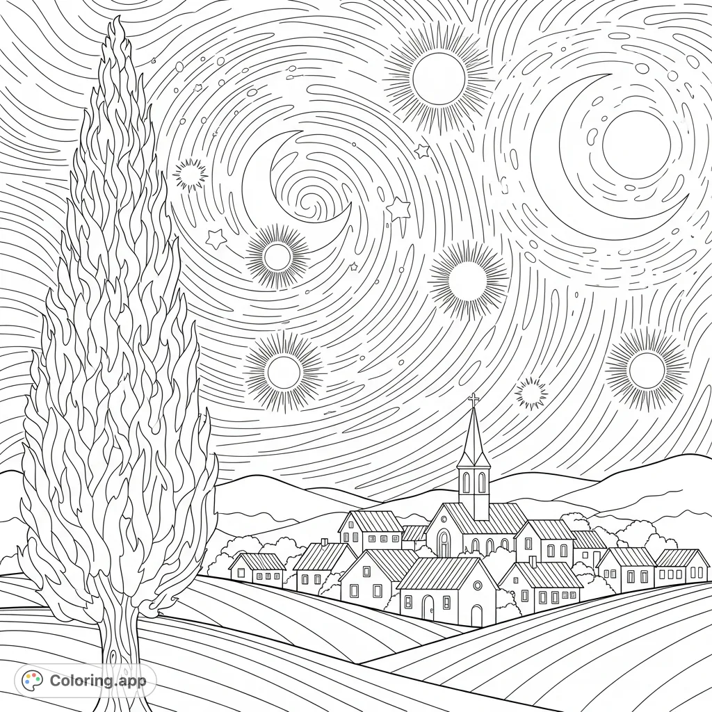 Capture the iconic swirling sky of a masterpiece. This Starry Night coloring page features a dramatic cypress tree and a peaceful village, waiting for your creative touch.