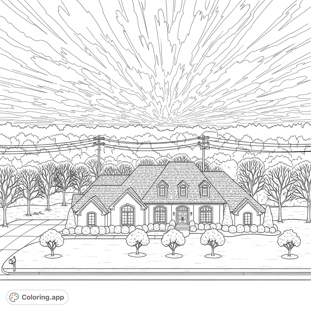 An intricate suburban house with gables, dormers, and textured roof, set amidst a detailed landscape with bare trees and dynamic clouds.