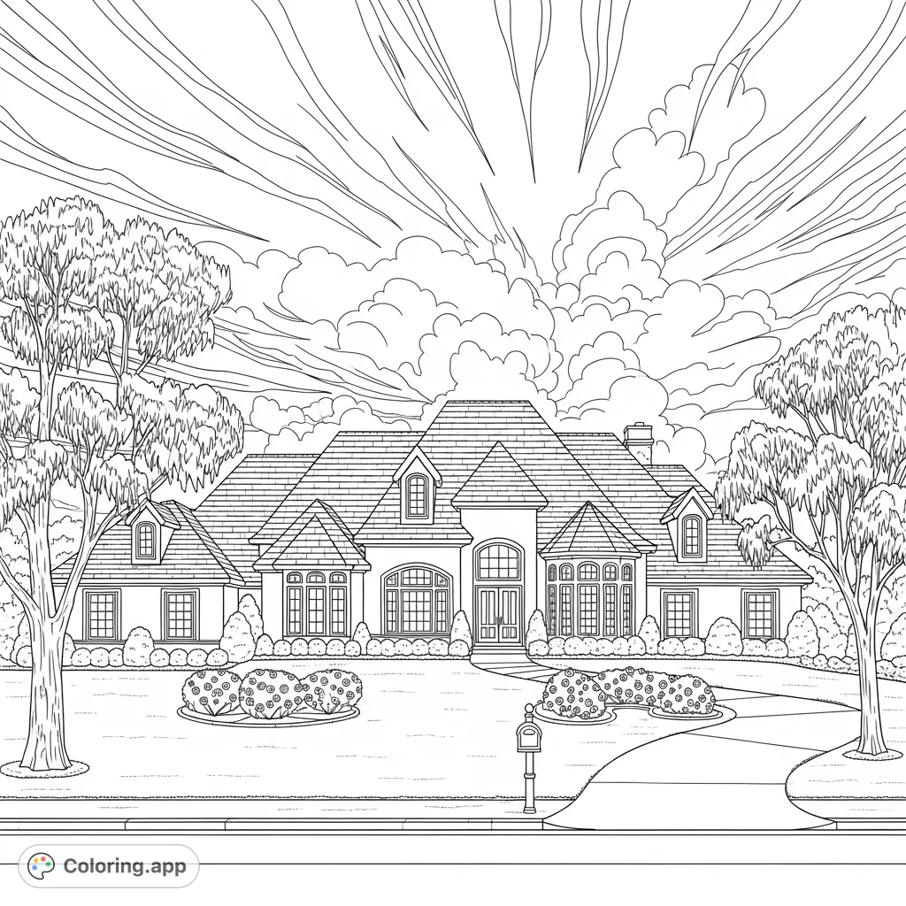 Explore a charming single-story suburban home with gables, dormers, a manicured lawn, rose bushes, eucalyptus trees, and a vast, dynamic sky perfect for coloring.