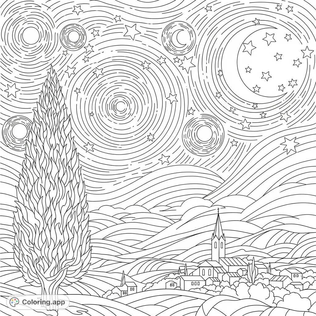 Immerse yourself in a serene night sky scene with iconic swirling patterns, a tall cypress, and a peaceful village below, perfect for artistic expression.