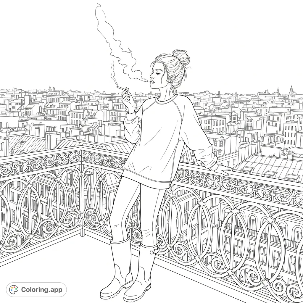 A sophisticated urban coloring page featuring a young woman relaxing on a city balcony with a cigarette, amidst detailed architecture and decorative railings. Perfect for adult colorists.